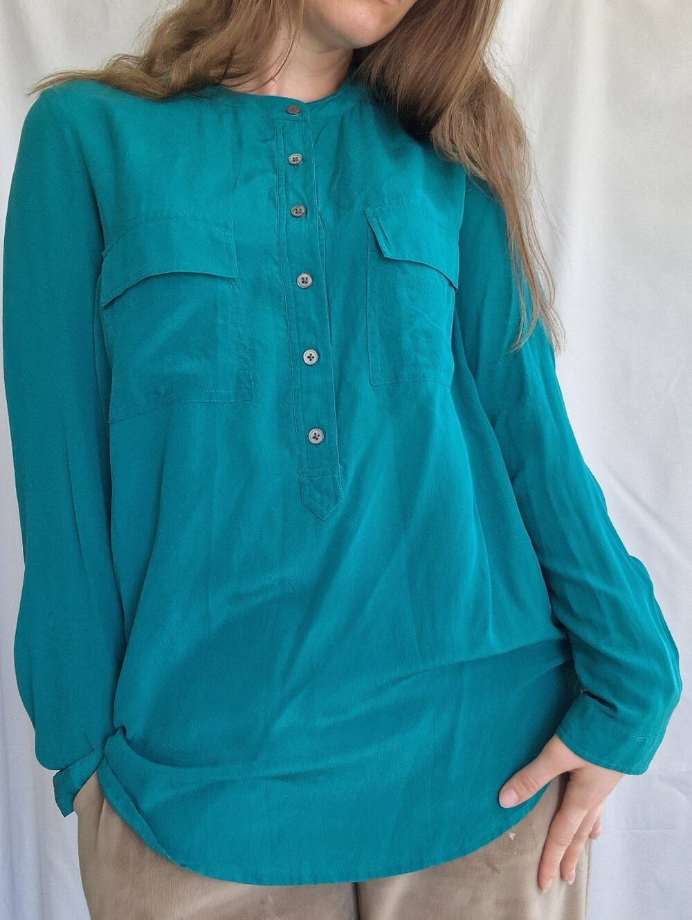Banana Republic Teal Long-Sleeve Silk Henley Blouse
